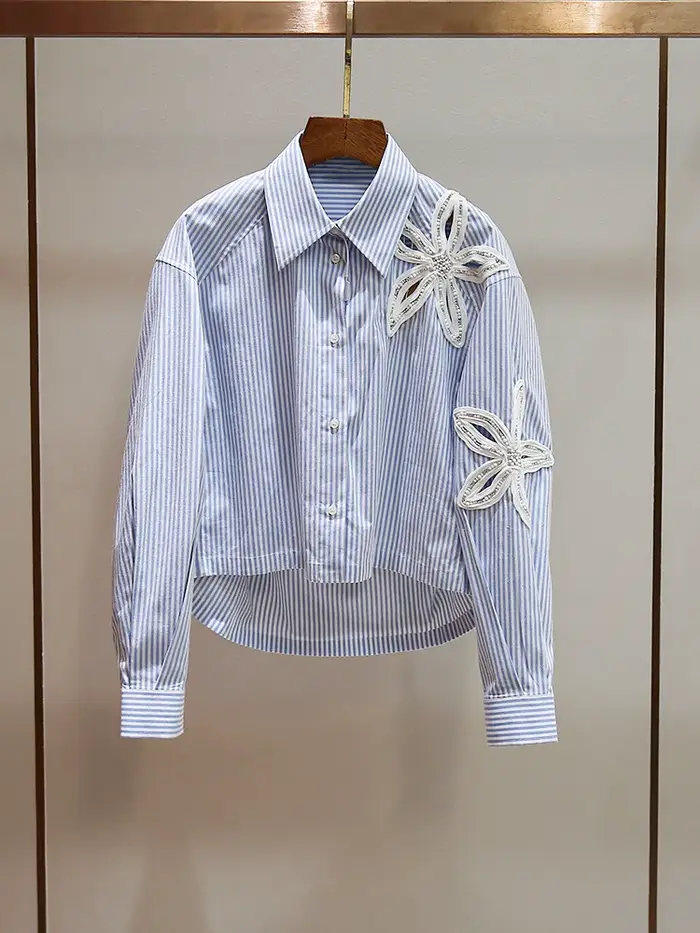 Polo à manches longues pour femmes, ajouré, dentelle florale, col perlé, rayures irrégulières, nouve