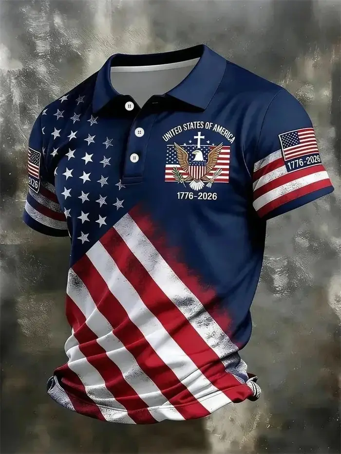 Polo pour Homme 2026 Tendance Motif Drapeau USA Impression 3D Manches Courtes T-shirt Vente Chaude Streetwear Été Boutonné Col Revers Ample