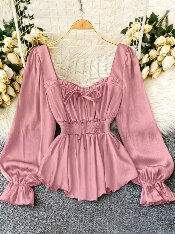 Haut en mousseline rose à manches longues pour femme