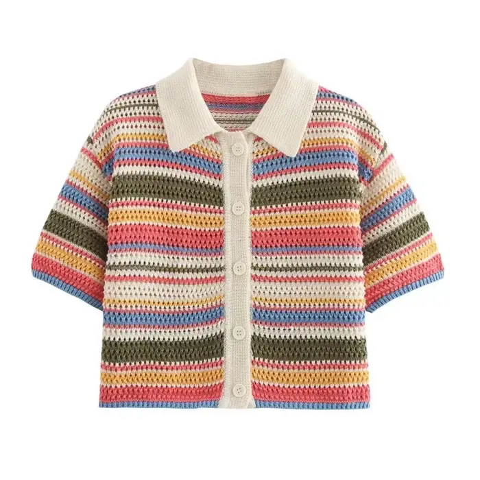 Pull court rayé en tricot au crochet pour femme