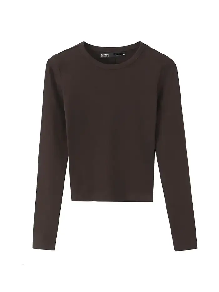 T-shirt Femme Printemps Mode Casual Slim Style Urbain Élégant Col Rond Manches Longues Chic Uni 3 Couleurs Hauts Courts