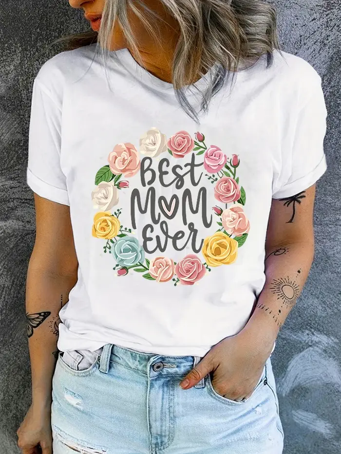 T-shirt mignon à fleurs de printemps pour la fête des mères, chemise à manches courtes à imprimé vég