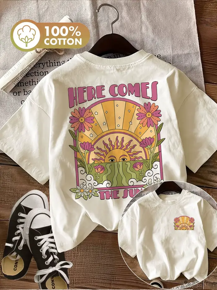 T-shirt surdimensionné pour femmes, 100% coton, imprimé rétro, motif Here Comes The Sun avec fleurs,