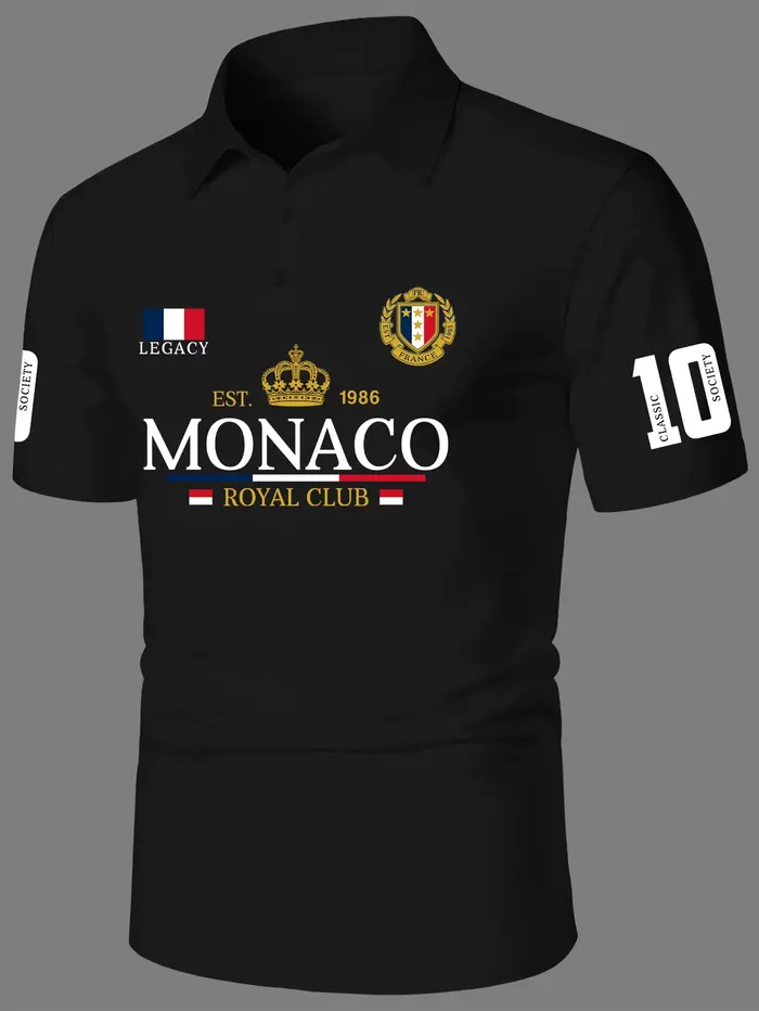 Polo élégant pour homme, imprimé couronne royale, col rabattu, manches courtes, en polyester, avec d
