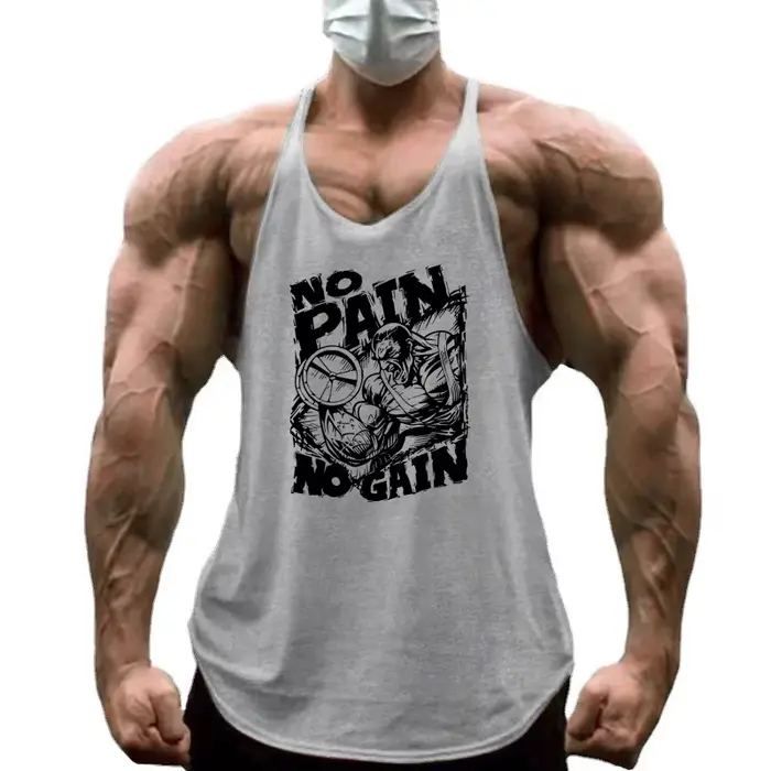 NO PAIN NO GAIN Imprimé Gym Fitness T-Shirt Hommes Musculation Sport Sans Manches Gilets Coton Respirant Y-back Bretelles Débardeurs
