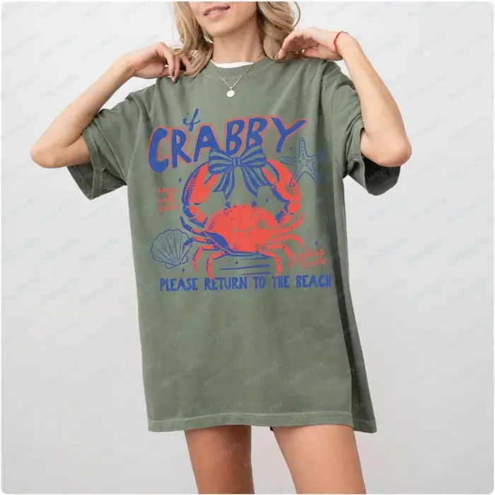 T-shirt Crab Beach, humoristique, pour les vacances en bord de mer, vêtements d'été sur le thème de la vie marine, vêtements pour femmes, t-shirts graphiques, t-shirts oversize, hauts