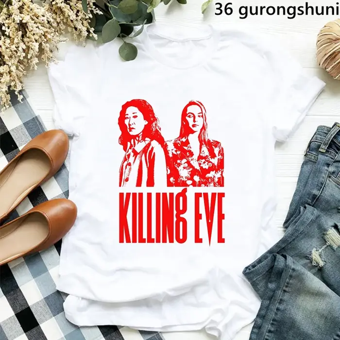 T-shirt manches courtes femme, estival et à la mode, avec poche imprimée, Killing Eve, Harajuku