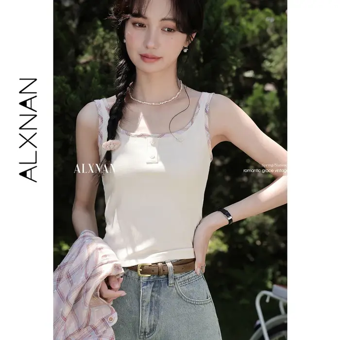 ALXNAN Débardeurs Femme Blanc Cassé Élégant Coupe Ajustée Camisole Été 2026 Décontracté Vacances Plage Sans Manches