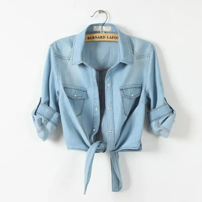 Chemise kimono en denim à manches courtes pour femmes
