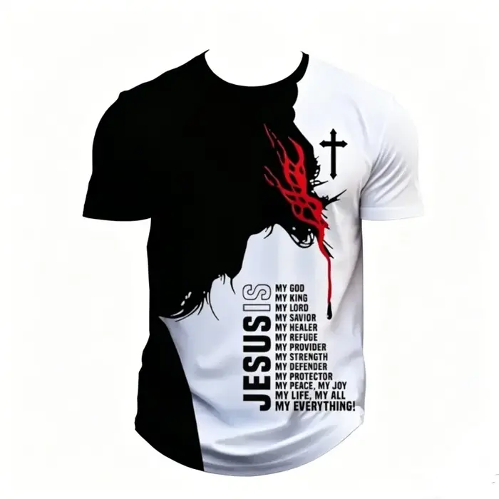 T-shirt Homme Noir et Blanc Imprimé Jésus Croix Chrétienne Graphique Manches Courtes Décontracté Str