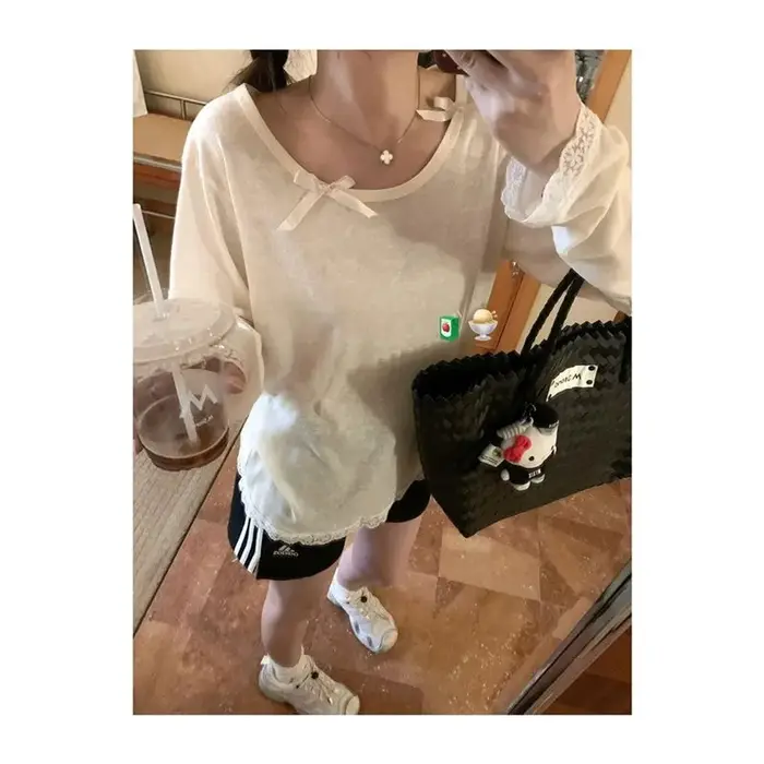 T-shirt à manches longues avec dentelle pour femme