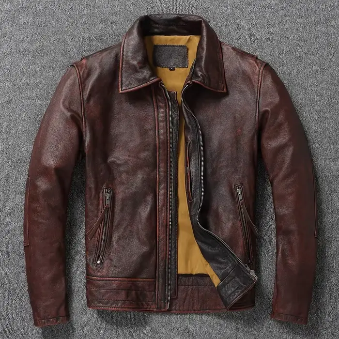 Veste en cuir de vache surdimensionnée, couche supérieure, rouge-marron, Style moto rétro américain,