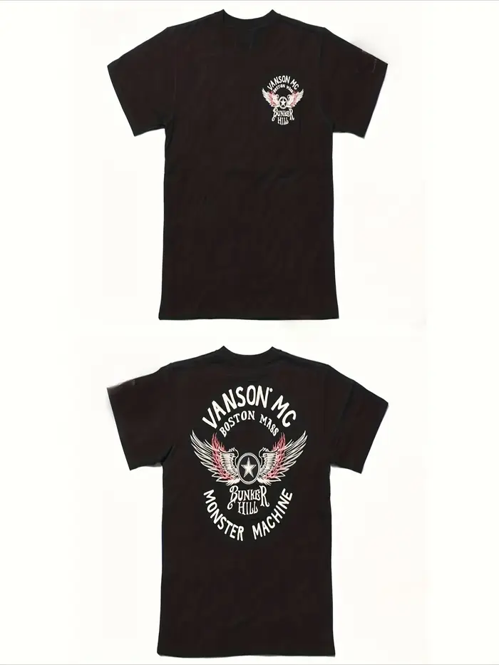 T-shirt pour hommes – Haut décontracté noir à manches courtes avec motif d'ailes blanches et rouges,