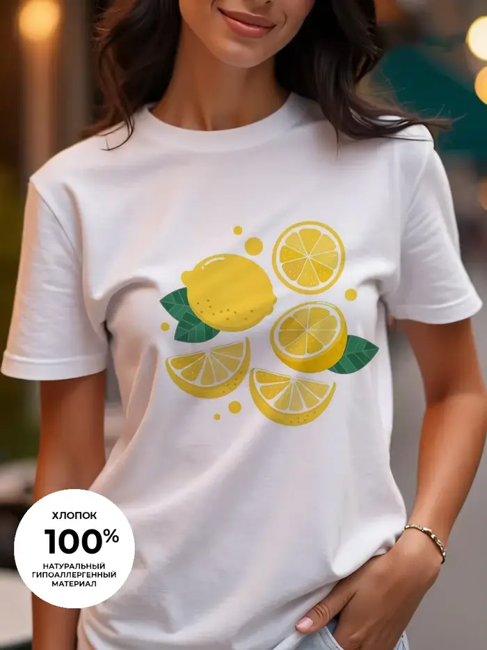 T-shirt femme imprimé fruits frais - Haut décontracté en pur coton à col rond et manches courtes