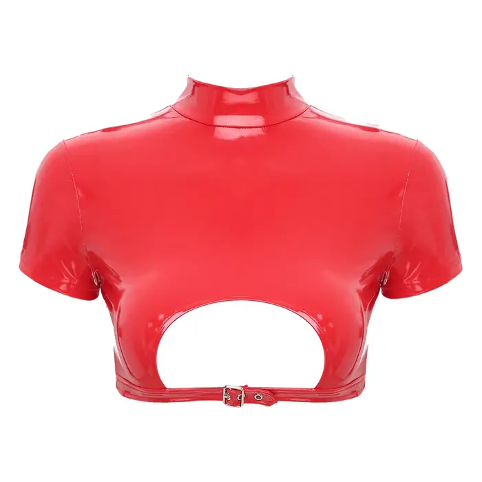 Haut court skinny en cuir verni pour femmes, lingerie chic, col montant, punk, gothique, wlwear pour