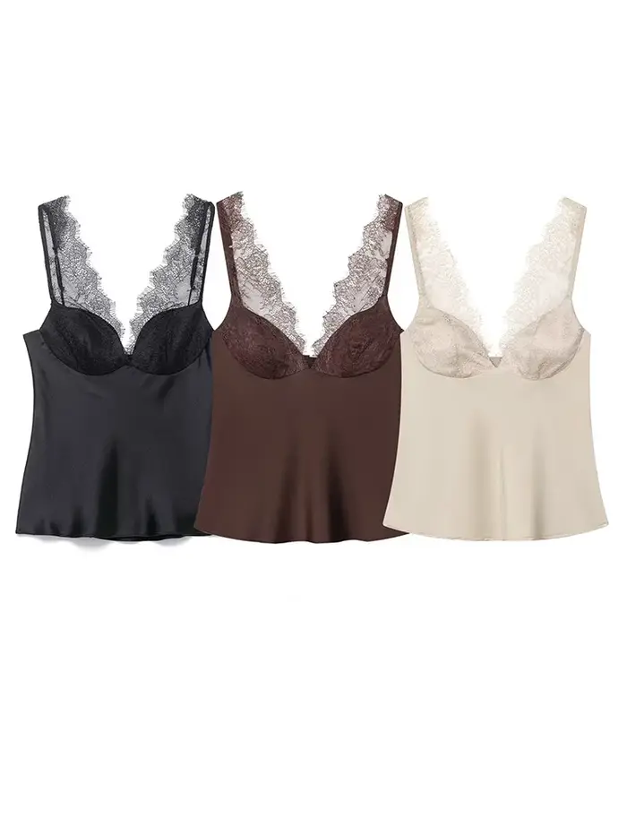 HH Femme Mode Décoration en dentelle Haut court uni Sexy Sans manches Dos nu Col en V Fermeture éclair latérale Texture satinée 3 couleurs Hauts d'été