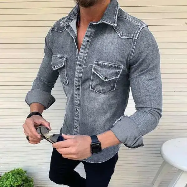 Version coréenne coupe ajustée décontracté mélange de coton à manches longues lavé vieille chemise en jean 2025 nouvelle chemise en jean pour hommes veste à la mode