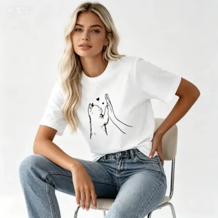 T-shirt, T-shirt graphique avec motif de chat mignon et de main en forme de cœur