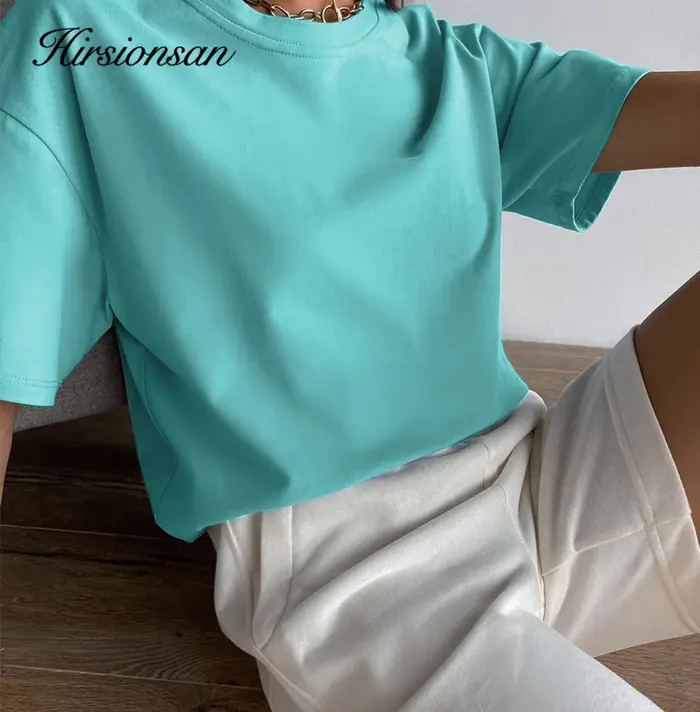 Hirsionsan – t-shirt basique en coton pour femmes, haut ample et résistant, décontracté, surdimensio