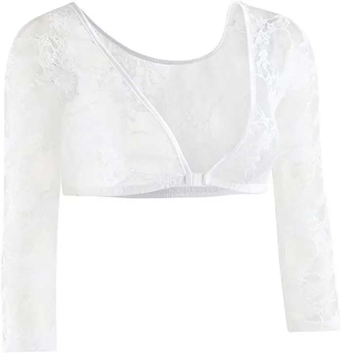 Haut court à manches trois-quarts en dentelle florale pour femmes, sous-chemisier transparent, hauss