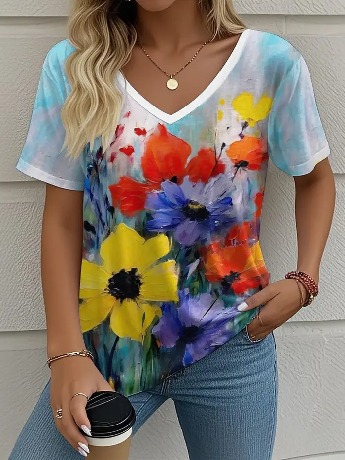 T-Shirt femme motif Floral impression 3D extérieur décontracté col rond manches courtes hauts mode t