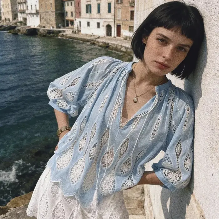 Chemise en coton bleu pour femmes à manches longues évider bouton vers le bas élégant décolleté en V