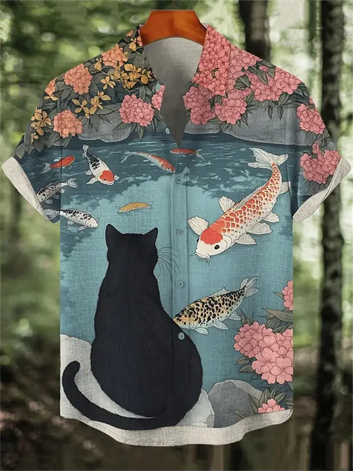Chemise à manches courtes imprimée sur le thème du chat pour hommes