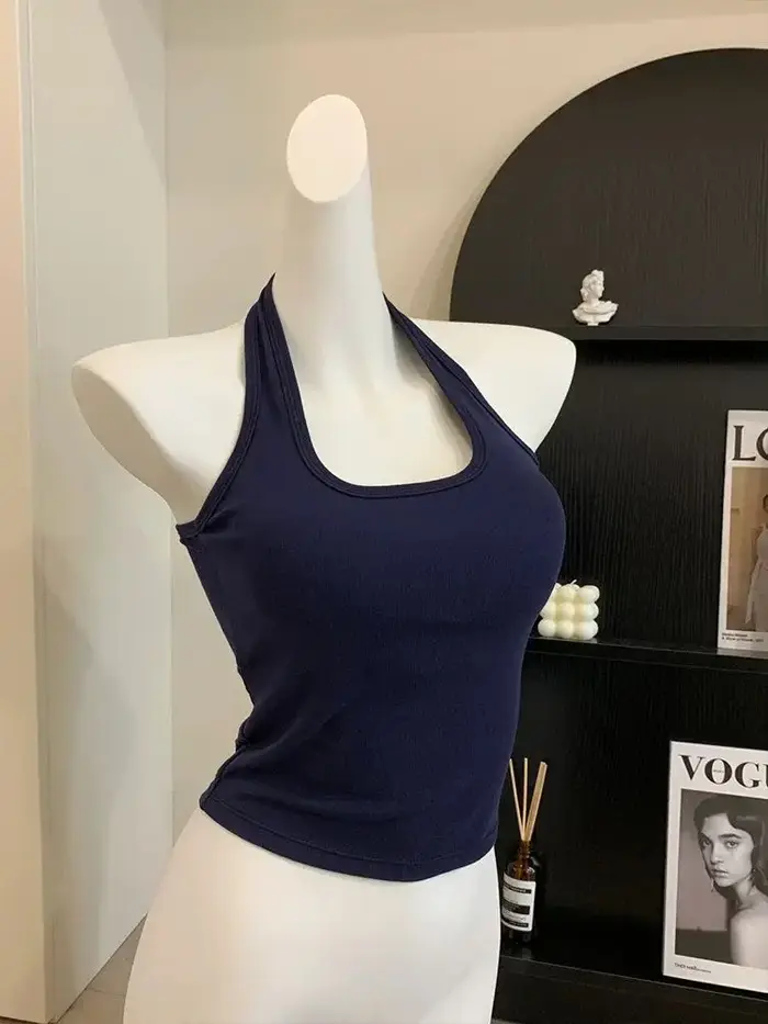 Nouveau coton bleu côtelé tricoté Sexy hauts col été chemises de base maigre mince Sport gilet décontracté épaules dénudées débardeur pour femmes