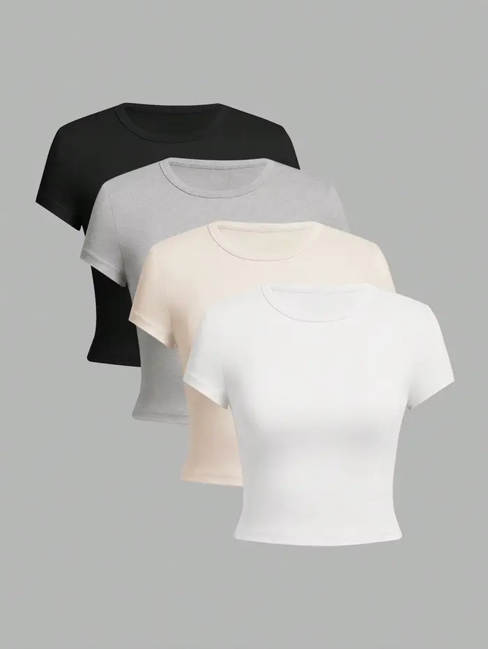 4 pièces couleur unie basique à manches courtes T-shirt ajusté pour les femmes décontracté été minim