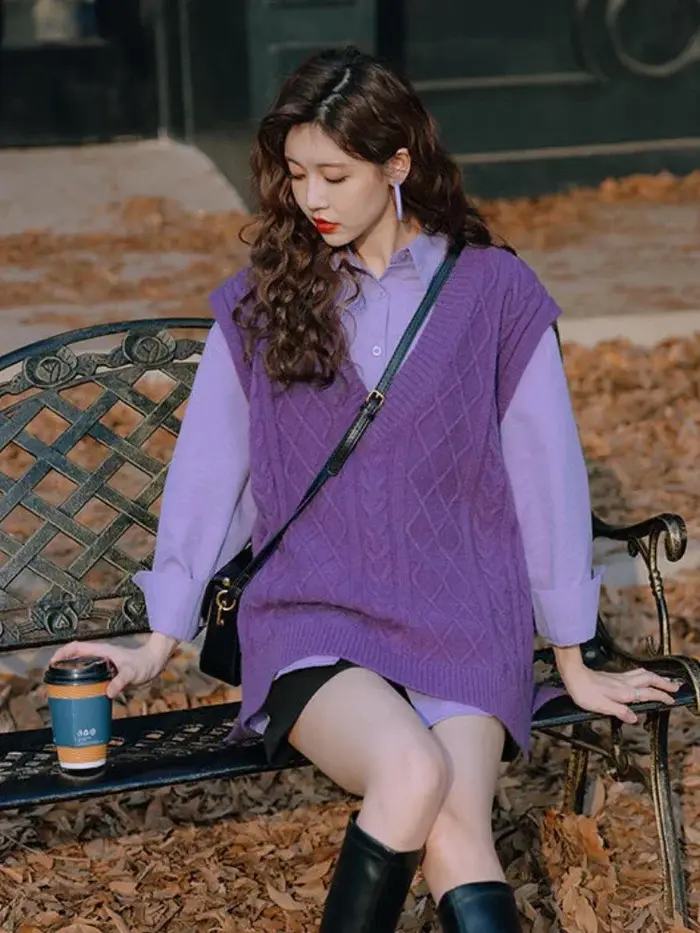 Gilet violet col en v dame chandails pull ample tricot gilets pour femmes sans manches Style coréen vêtements élégant tendance 2025