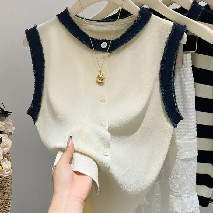 Haut sans manches en tricot blanc – Gilet court d'été à bretelles décontractées, coupe cintrée avec