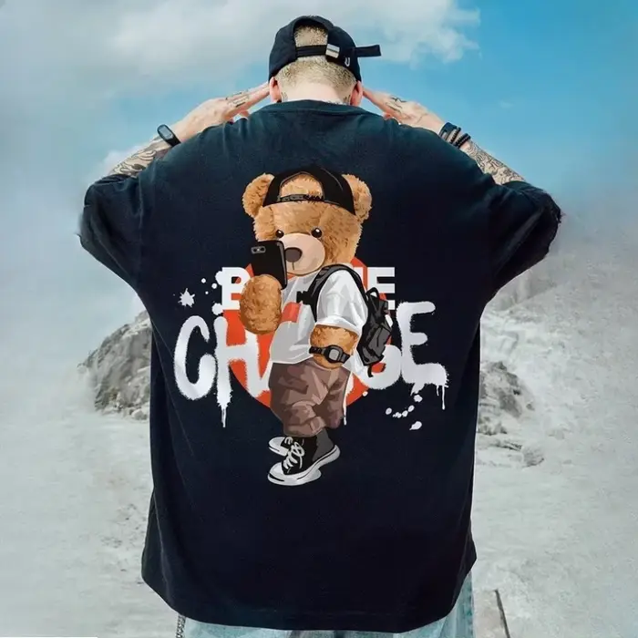 8XL hommes T-shirt style décontracté adolescent étudiant T-shirt américain Vintage mignon Selfie ours en peluche imprimé T-shirt ample grande taille grand haut
