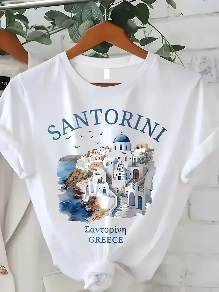 2025 Santorin imprimé col rond T-Shirt