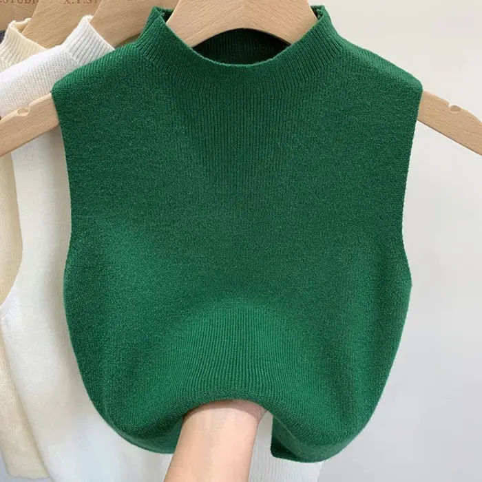 Débardeur tricoté pour femmes, couleur unie, T-Shirt, haut court, Camisole, pull demi-col roulé, sans manches, printemps automne