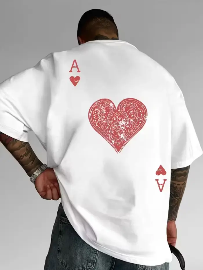 T-shirt pour homme à imprimé cœur rouge, pur coton et respirant, streetwear, coupe ample, décontract