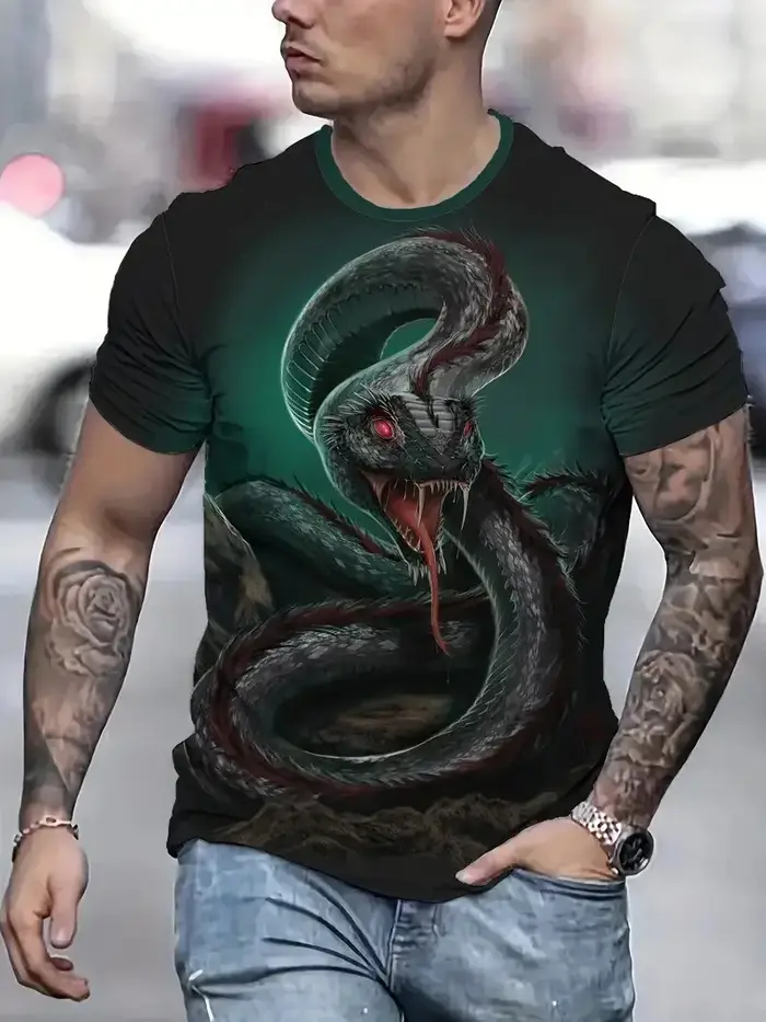 Mode 3D Serpent Imprimé T-Shirt pour Hommes Motif Animal Drôle Surdimensionné
