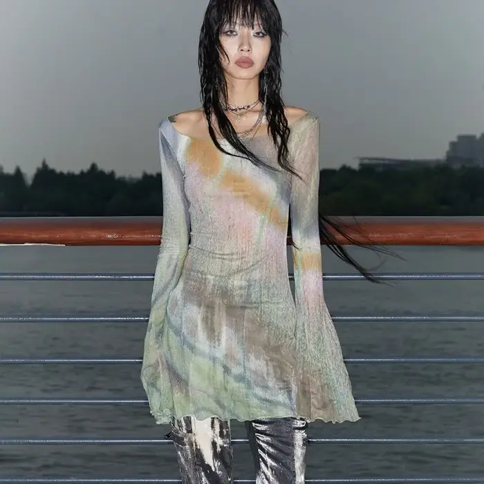 Karrcat Trashy Y2k cravate-teinture maille hauts Grunge esthétique manches évasées hauts transparent