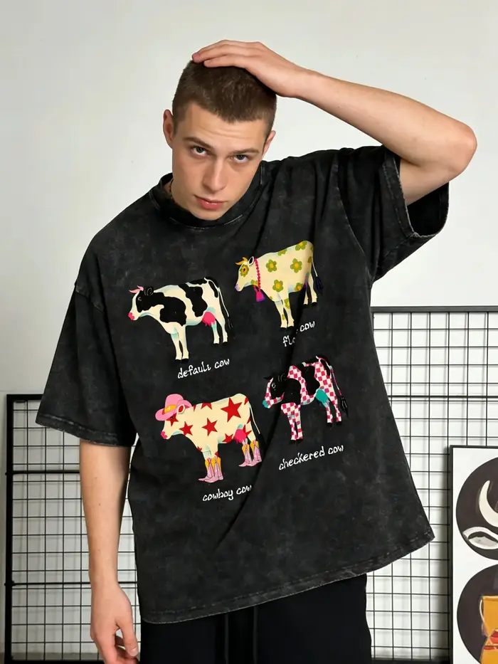 T-shirt tendance en coton pur avec imprimé vache de dessin animé