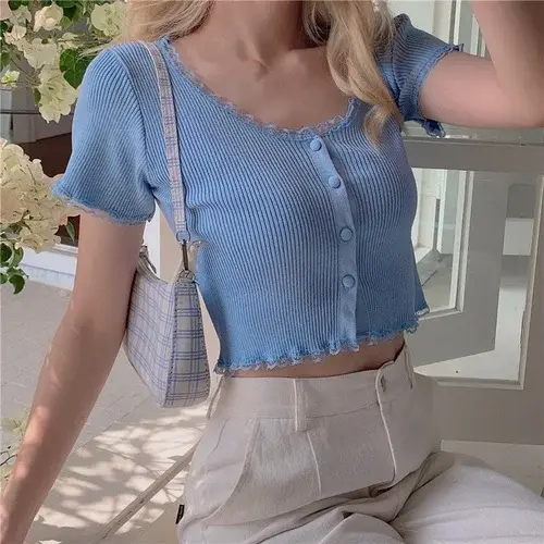 T-shirt court à manches courtes pour femme, haut court tricoté avec dentelle, idéal pour l'été