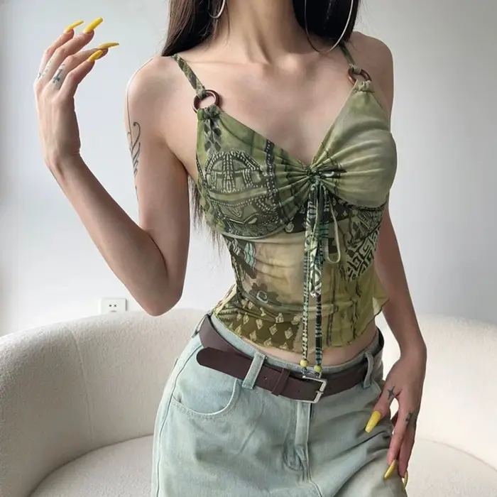 Débardeur imprimé Y2k pour femmes, Streetwear, sans manches, avec cordon de serrage, plissé, Harajuk