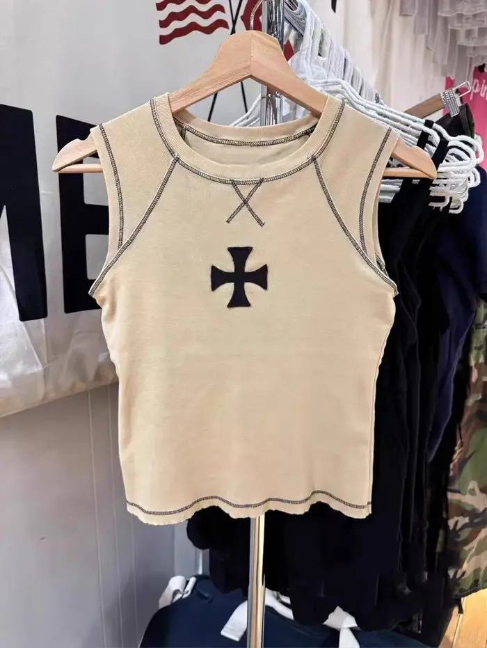 Débardeurs kaki croisés pour femmes, style décontracté d'été, streetwear, col rond, coupe ajustée, s