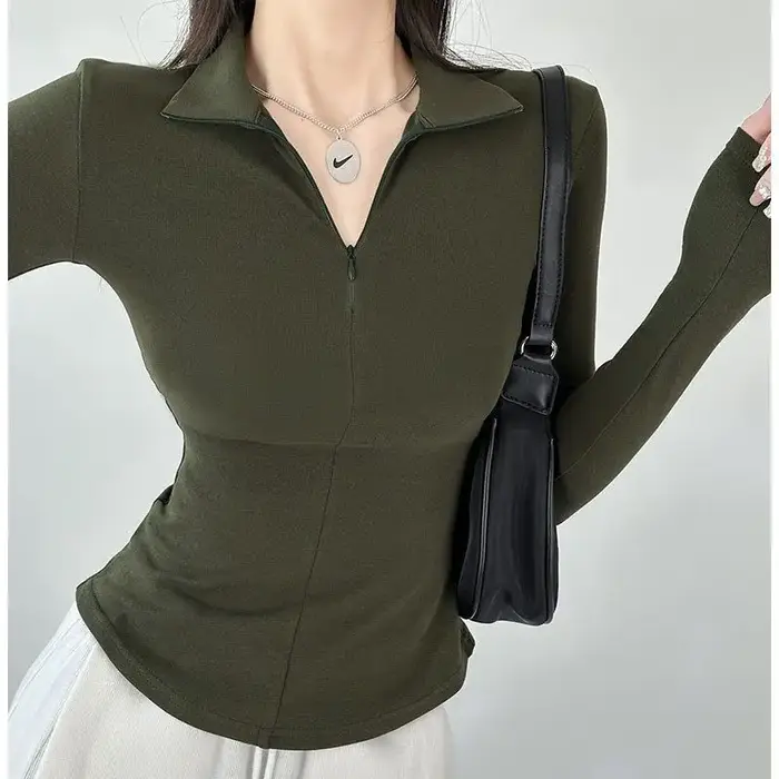 Fermeture éclair col Polo t-shirt pour femmes plaine mince printemps automne coréen vêtements femme