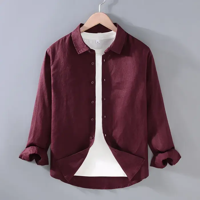 100% lin chemise à manches longues pour hommes printemps automne mode bonne qualité couleur unie min