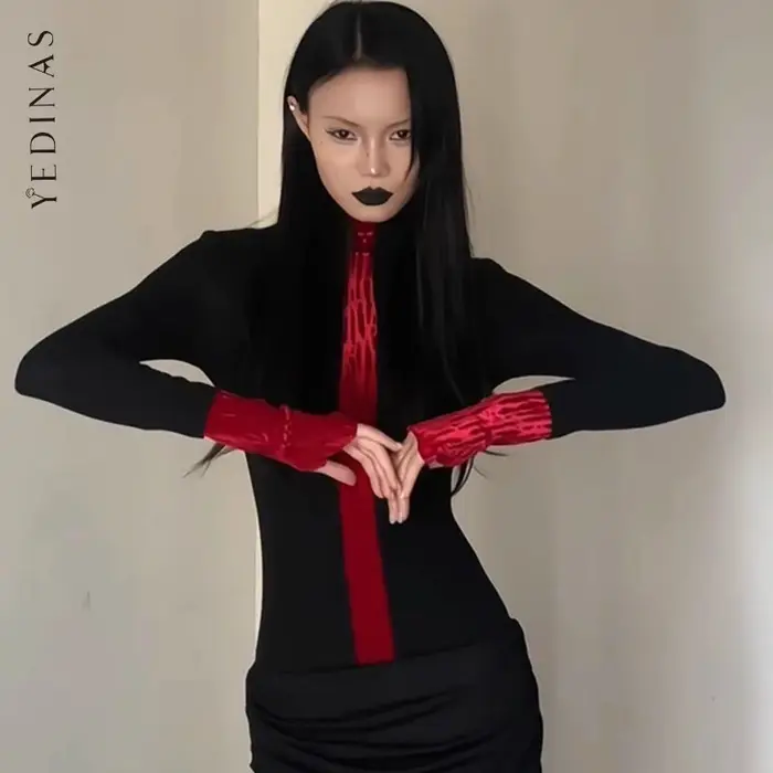 Yedinas Patchwork col roulé T-shirt femme vêtements à manches longues noir gothique haut d'automne 2