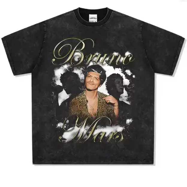 T-shirt Bruno Mars pour homme, style vintage, imprimé délavé, coton, col rond, manches courtes, styl