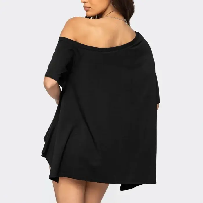 T-shirt asymétrique à épaules dénudées pour femme, manches courtes, coupe ample, ourlet irrégulier, chemisier décontracté uni