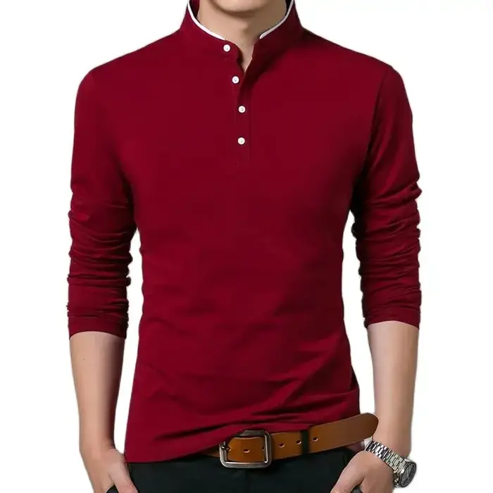 SHiONFA t-shirts en pur coton pour hommes col Mandarin à manches longues chemise confortable simple boutonnage doux supérieur extérieur pour le printemps automne