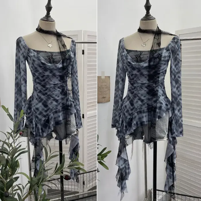 ISAROSE Vintage Y2K T-shirt pour femmes Plaid col carré maille extensible dentelle Patchwork manches longues asymétrique hauts à volants