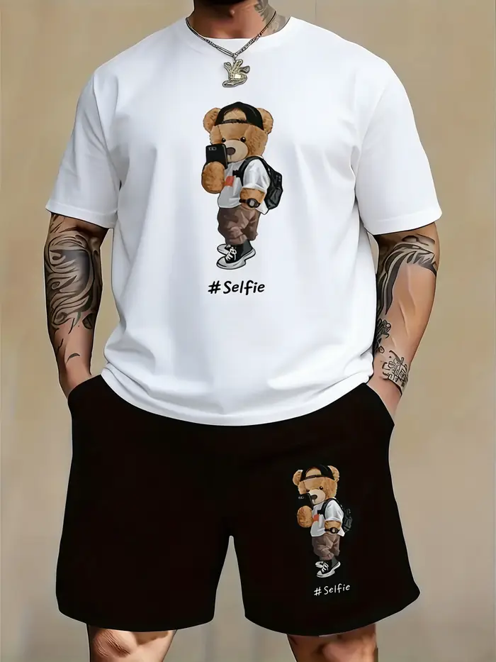 Ensemble deux pièces noir pour homme Selfie Teddy Bear : T-shirt à manches courtes et short