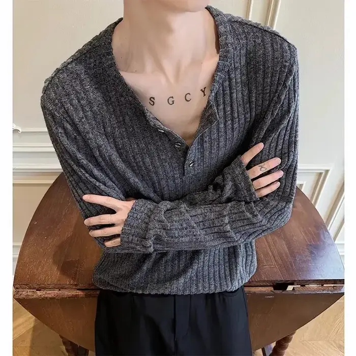 T-shirt à col Henry à manches longues pour homme – Nouvelle collection Printemps-Automne 2026 – Décontracté et confortable